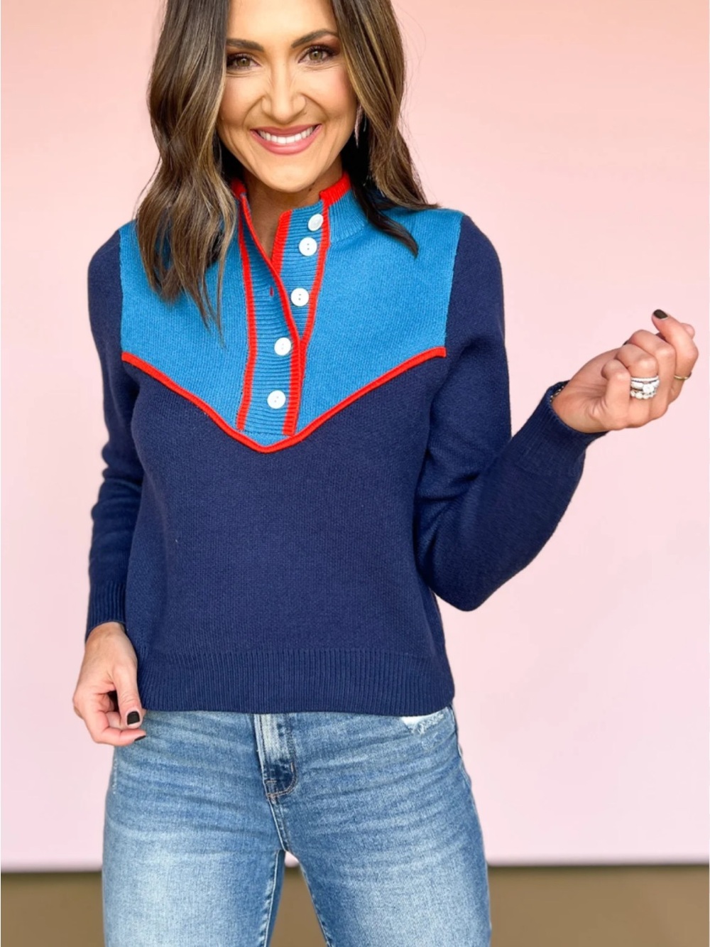 THML Women’s Navy and Bright Blue Button collar Sweater orange trim XS